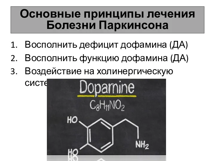 Основные принципы лечения Болезни Паркинсона Восполнить дефицит дофамина (ДА) Восполнить