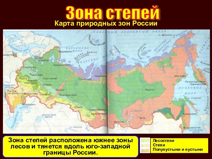 Лесостепи Степи Полупустыни и пустыни Карта природных зон России Зона