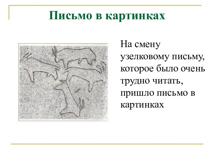 Письмо в картинках На смену узелковому письму, которое было очень трудно читать, пришло письмо в картинках