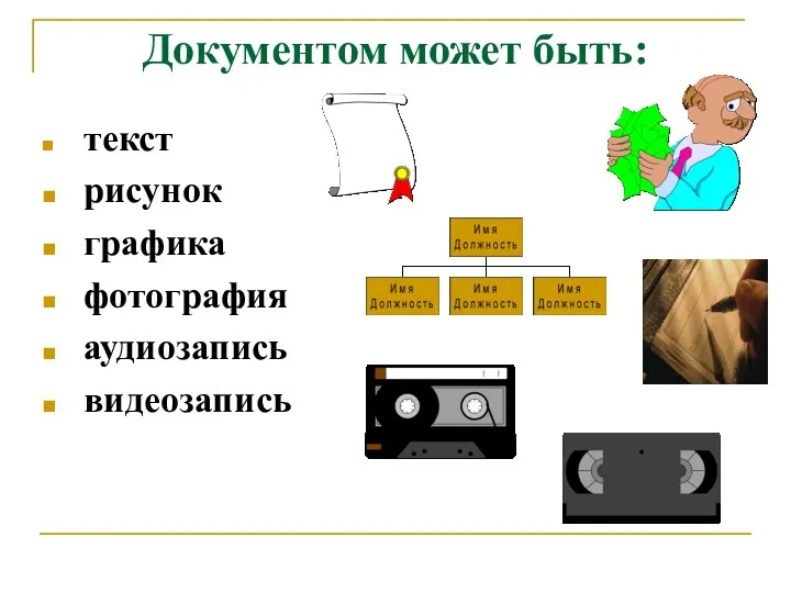 Документом может быть: текст рисунок графика фотография аудиозапись видеозапись