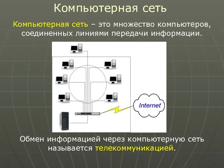 Компьютерная сеть – это множество компьютеров, соединенных линиями передачи информации.
