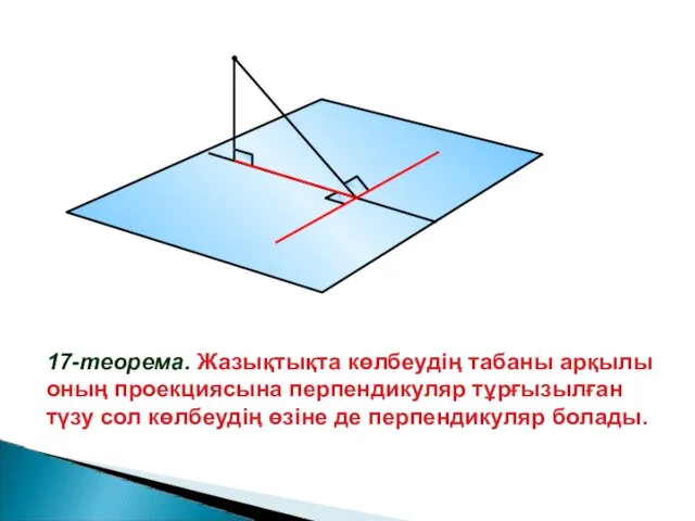 17-теорема. Жазықтықта көлбеудің табаны арқылы оның проекциясына перпендикуляр тұрғызылған түзу сол көлбеудің өзіне де перпендикуляр болады.