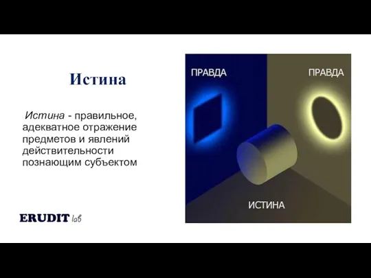 Истина Истина - правильное, адекватное отражение предметов и явлений действительности познающим субъектом