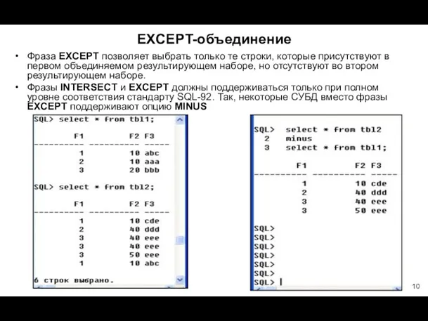 EXCEPT-объединение Фраза EXCEPT позволяет выбрать только те строки, которые присутствуют