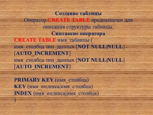 Создание таблицы Оператор CREATE TABLE предназначен для описания структуры таблицы.