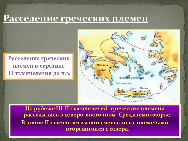 Расселение греческих племен На рубеже III-II тысячелетий греческие племена расселились