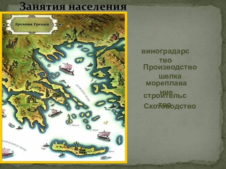 Занятия населения виноградарство Производство шелка мореплавание Скотоводство строительство