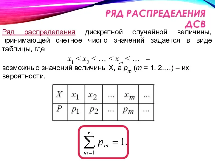 Ряд распределения дискретной случайной величины, принимающей счетное число значений задается