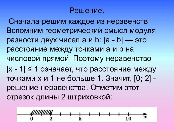 Решение. Сначала решим каждое из неравенств. Вспомним геометрический смысл модуля