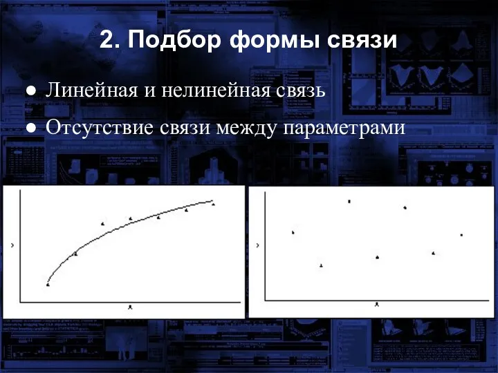 2. Подбор формы связи Линейная и нелинейная связь Отсутствие связи между параметрами