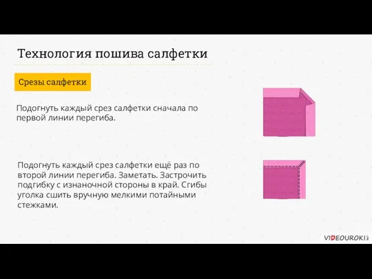 Технология пошива салфетки Срезы салфетки Подогнуть каждый срез салфетки сначала