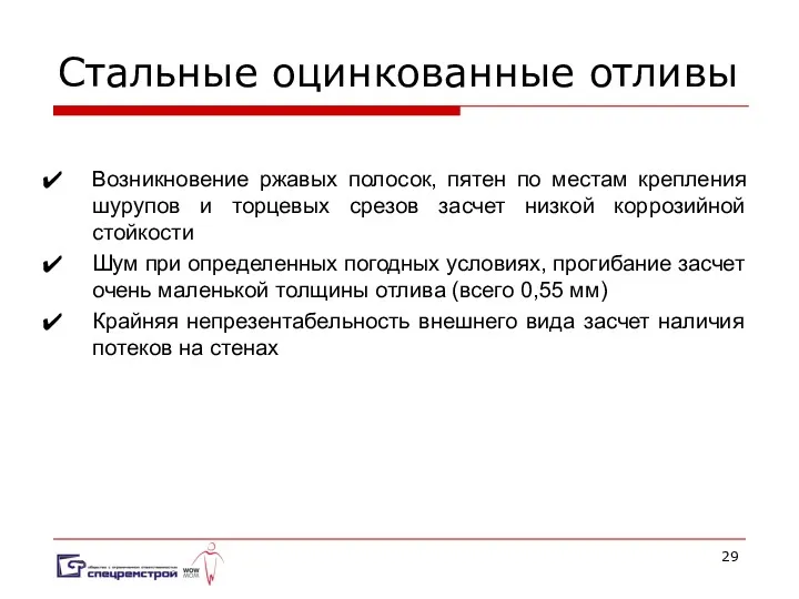 Стальные оцинкованные отливы Возникновение ржавых полосок, пятен по местам крепления