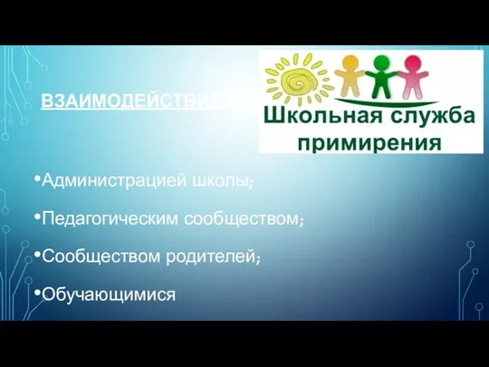 ВЗАИМОДЕЙСТВИЕ С: Администрацией школы; Педагогическим сообществом; Сообществом родителей; Обучающимися