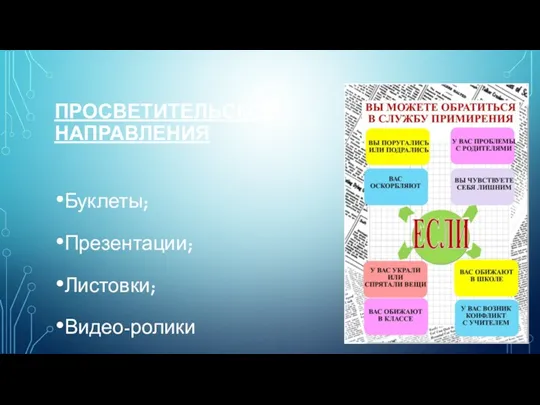 ПРОСВЕТИТЕЛЬСКОЕ НАПРАВЛЕНИЯ Буклеты; Презентации; Листовки; Видео-ролики