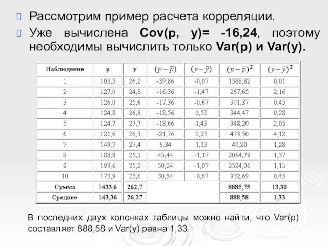 Рассмотрим пример расчета корреляции. Уже вычислена Cov(p, y)= -16,24, поэтому необходимы вычислить только