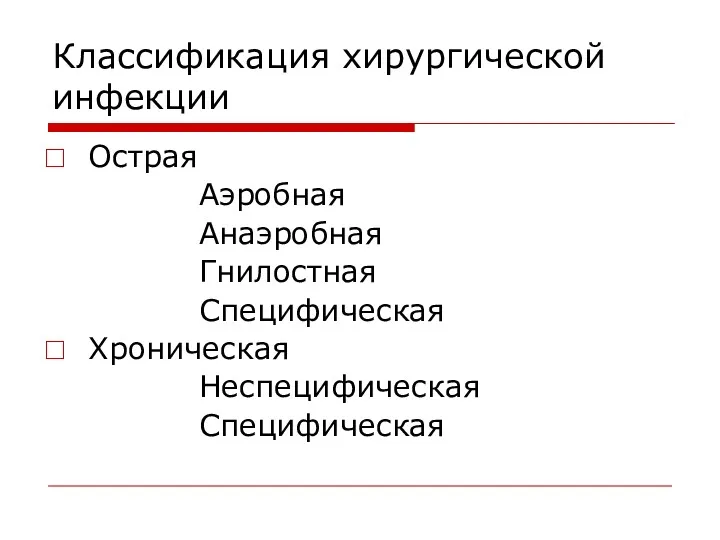 Классификация хирургической инфекции Острая Аэробная Анаэробная Гнилостная Специфическая Хроническая Неспецифическая Специфическая