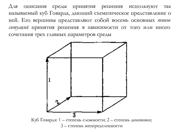 Для описания среды принятия решения используют так называемый куб Говарда,