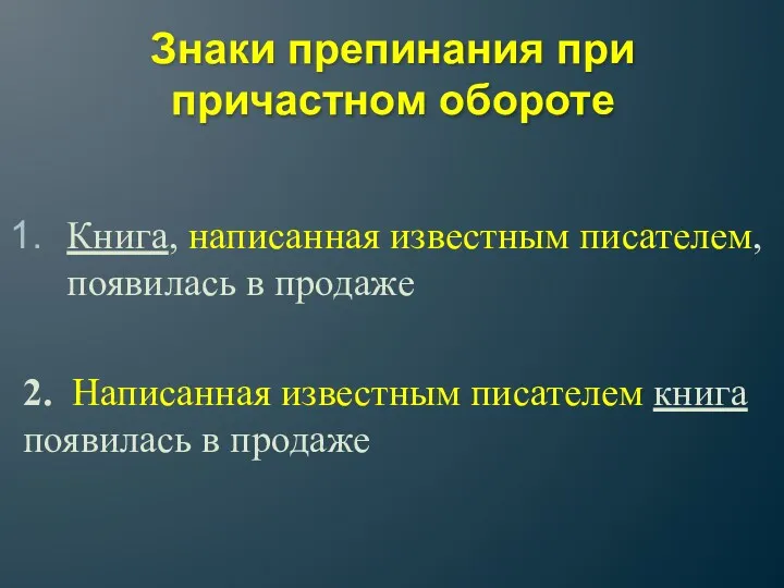 Знаки препинания при причастном обороте Книга, написанная известным писателем, появилась