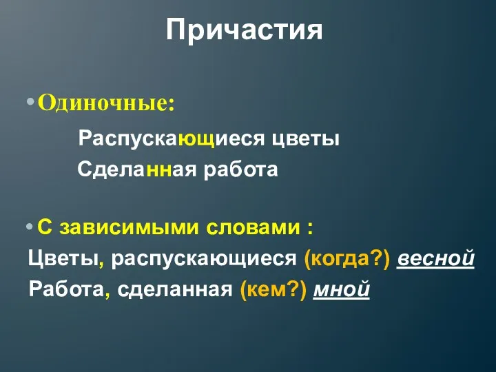 Причастия Одиночные: Распускающиеся цветы Сделанная работа С зависимыми словами :