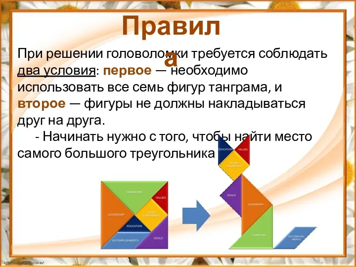 При решении головоломки требуется соблюдать два условия: первое — необходимо