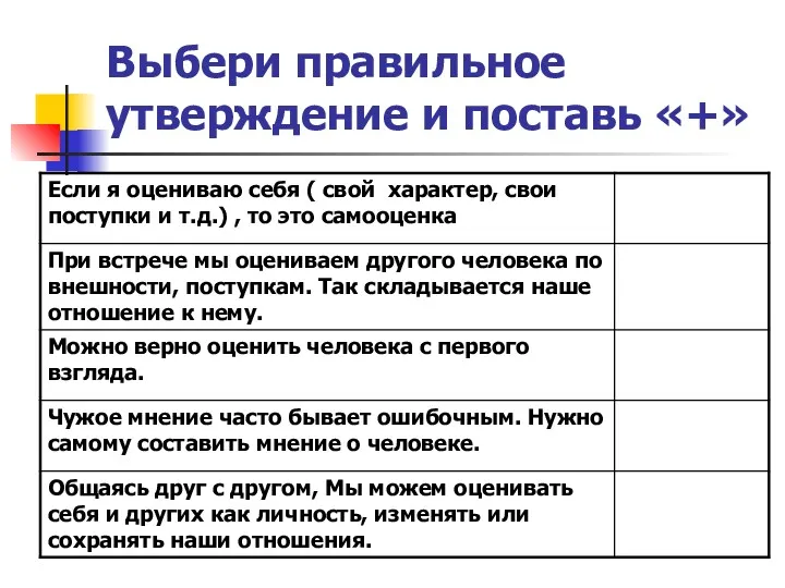 Выбери правильное утверждение и поставь «+»