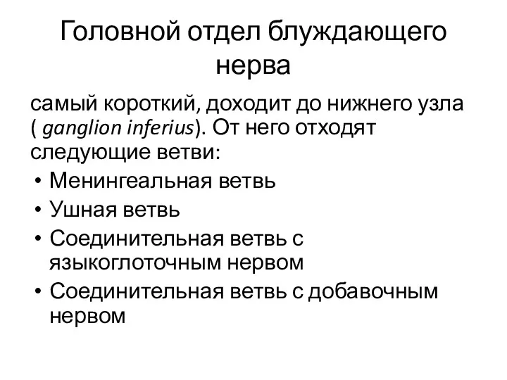 Головной отдел блуждающего нерва самый короткий, доходит до нижнего узла