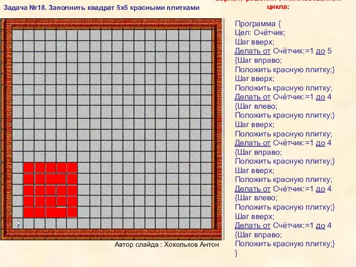 Автор слайда : Хохольков Антон Вариант решения с использованием цикла: