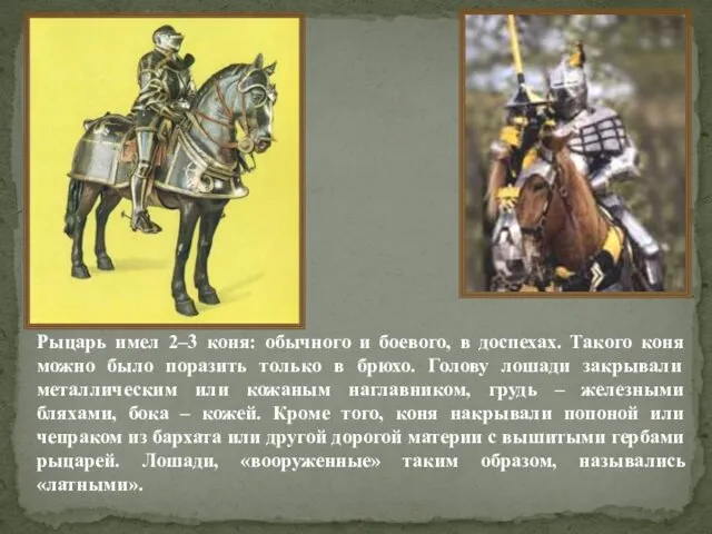 Рыцарь имел 2–3 коня: обычного и боевого, в доспехах. Такого