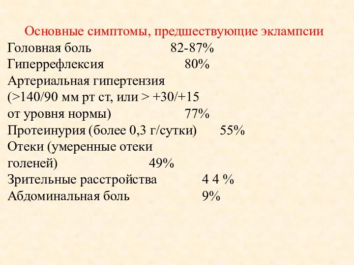 Основные симптомы, предшествующие эклампсии Головная боль 82-87% Гиперрефлексия 80% Артериальная