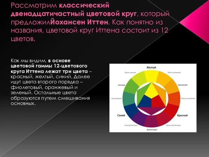 Рассмотрим классический двенадцатичастный цветовой круг, который предложилЙохансен Иттен. Как понятно