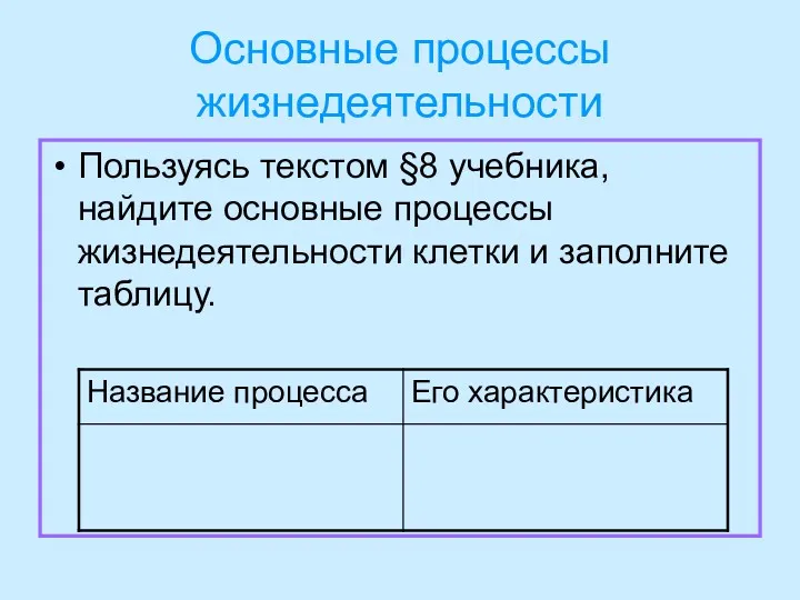 Основные процессы жизнедеятельности Пользуясь текстом §8 учебника, найдите основные процессы жизнедеятельности клетки и заполните таблицу.