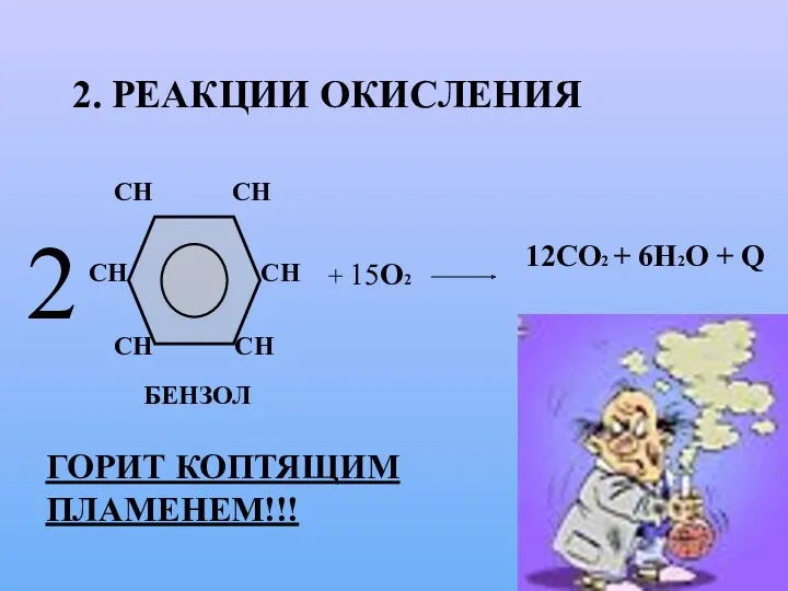 2. РЕАКЦИИ ОКИСЛЕНИЯ 2 + 15О2 12СО2 + 6Н2О + Q ГОРИТ КОПТЯЩИМ ПЛАМЕНЕМ!!!