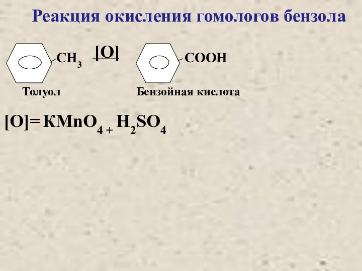 [О] [О]= КМnО4 + Н2SО4 СН3 СООН Толуол Бензойная кислота Реакция окисления гомологов бензола