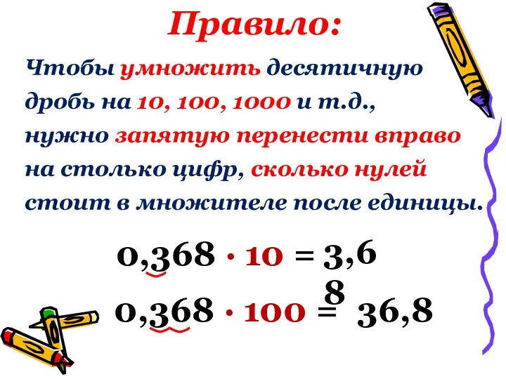 Правило: Чтобы умножить десятичную дробь на 10, 100, 1000 и