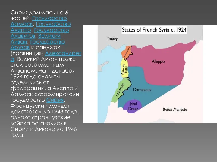 Сирия делилась на 6 частей: Государство Дамаск, Государство Алеппо, Государство