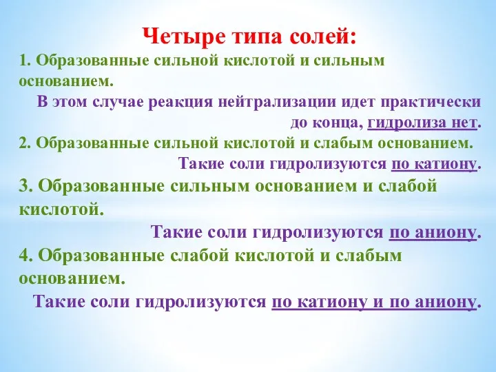 Четыре типа солей: 1. Образованные сильной кислотой и сильным основанием.