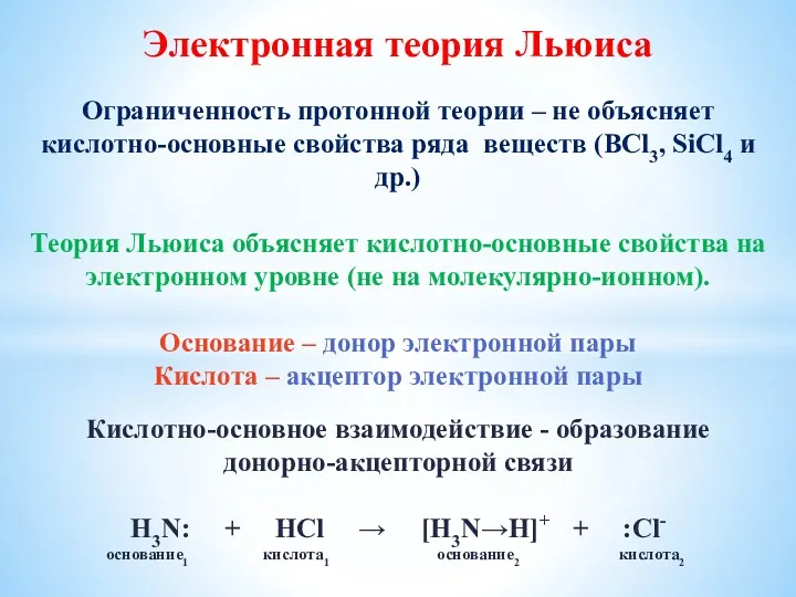 Электронная теория Льюиса Ограниченность протонной теории – не объясняет кислотно-основные