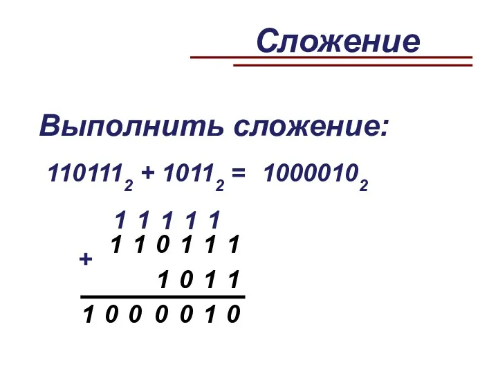 Выполнить сложение: 1101112 + 10112 = 10000102 + 1 1 1 1 1