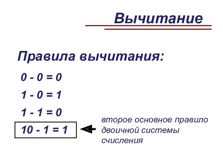 Правила вычитания: 0 - 0 = 0 1 - 0