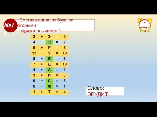 4 минуты Составь слово из букв, за которыми спряталось число 3. №10 Слово: ЭРУДИТ