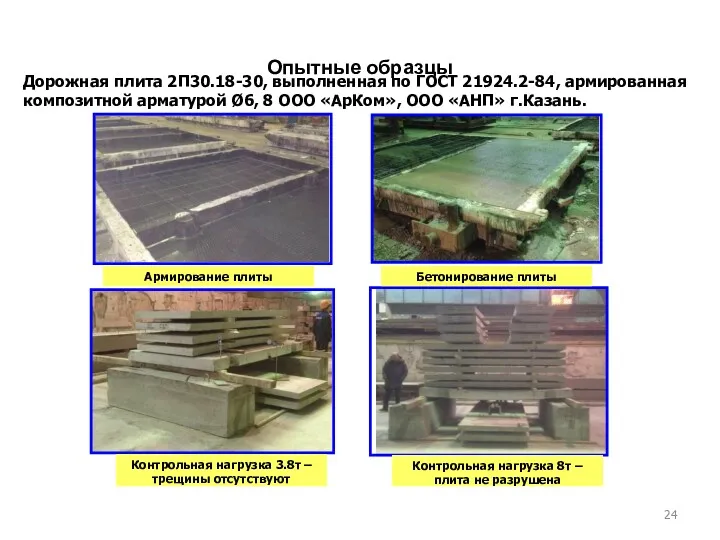 Опытные образцы Дорожная плита 2П30.18-30, выполненная по ГОСТ 21924.2-84, армированная