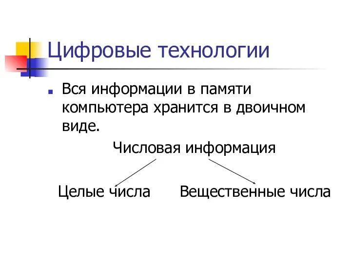 Цифровые технологии Вся информации в памяти компьютера хранится в двоичном