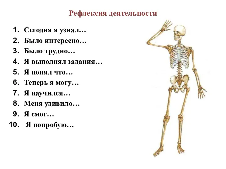 Рефлексия деятельности Сегодня я узнал… Было интересно… Было трудно… Я выполнял задания… Я