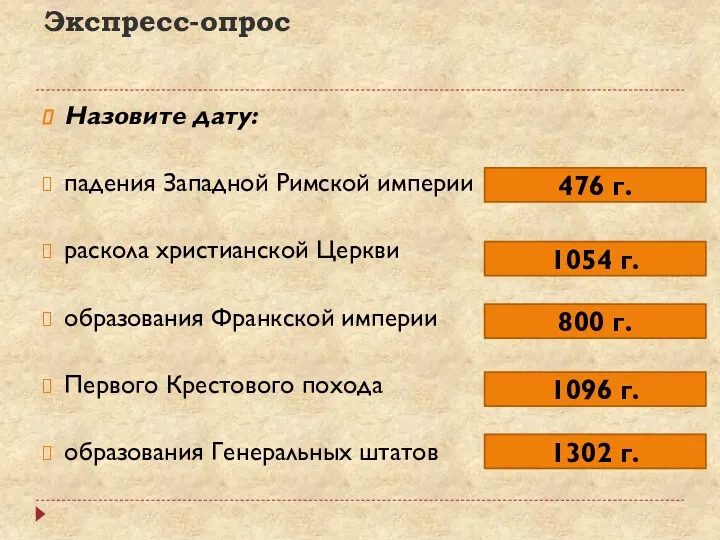 Экспресс-опрос Назовите дату: падения Западной Римской империи раскола христианской Церкви