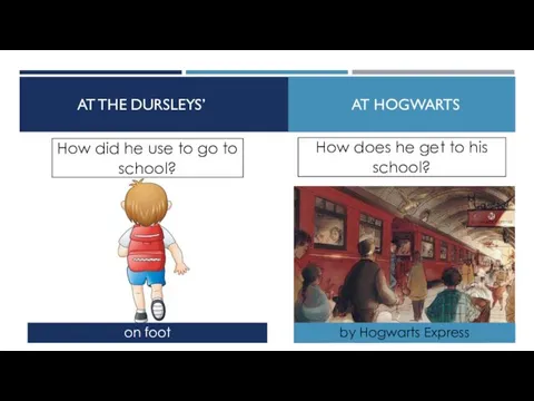 AT THE DURSLEYS’ AT HOGWARTS on foot by Hogwarts Express