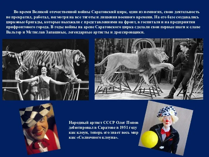 Во время Великой отечественной войны Саратовский цирк, один из немногих, свою деятельность не