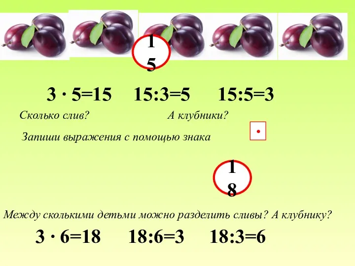 Запиши выражения с помощью знака ∙ 3 ∙ 5=15 15:3=5