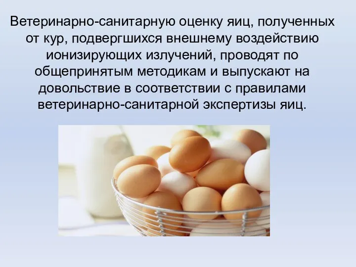 Ветеринарно-санитарную оценку яиц, полученных от кур, подвергшихся внешнему воздействию ионизирующих излучений, проводят по