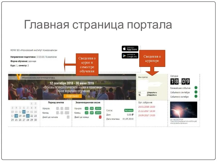 Главная страница портала Сведения о кураторе Сведения о курсе и семестре обучения