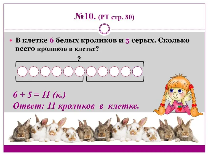 6 + 5 = 11 (к.) Ответ: 11 кроликов в клетке.